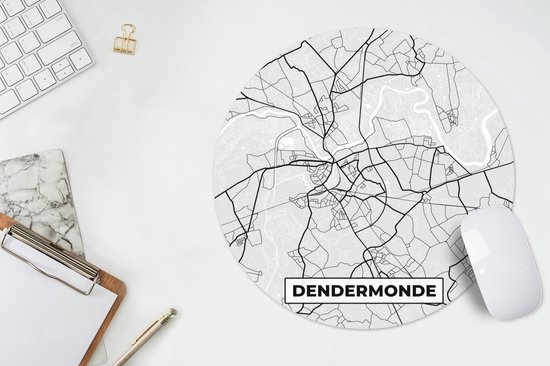 Muismat rond 30x30 cm - Mousepad Zwart Wit – België – Plattegrond – Stadskaart – Kaart – Dendermonde - Ronde muismatten - Stadskaart