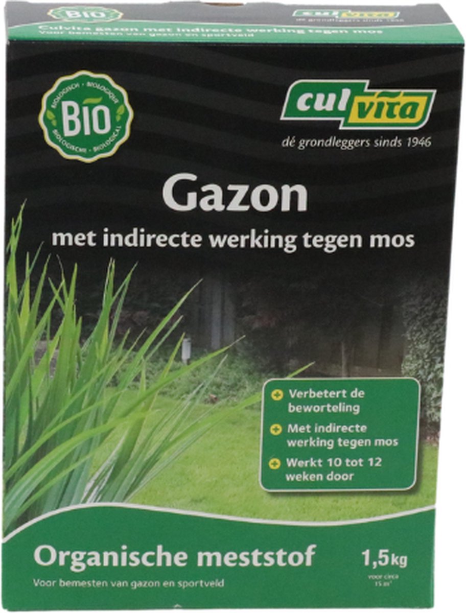 Culvita - Biologische Gazonmest 1,5 kg - met indirecte werking tegen mos - Goed voor 15m² gazon - Meststoffen gazon