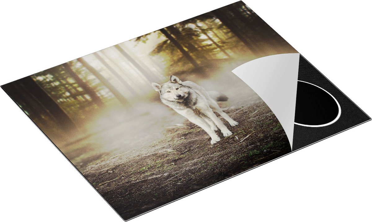Chefcare Inductie Beschermer Grijze Wolf in het Bos - 65x50 cm - Afdekplaat Inductie - Kookplaat Beschermer - Inductie Mat