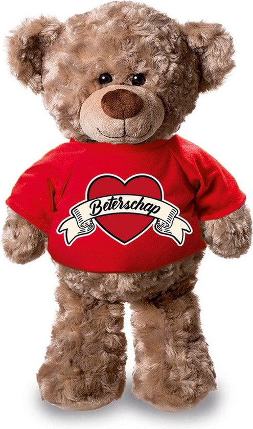 Beterschap pluche teddybeer knuffel 24 cm met rood t-shirt - beterschap / cadeau knuffelbeer
