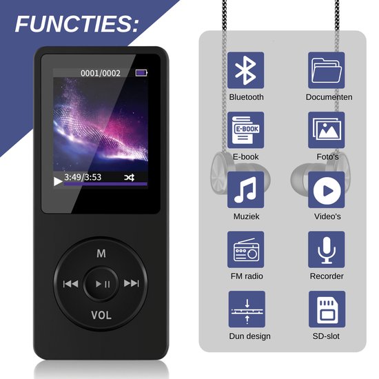 VAIVE HiFi MP3 / MP4 Speler Bluetooth - Voice recorder - Dicatafoon - FM radio