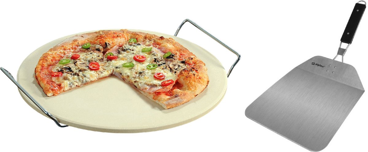 Keramieken pizzasteen rond 33 cm met handvaten - Met inklapbare RVS pizzaschep 25 cm - BBQ/oven pizza stone