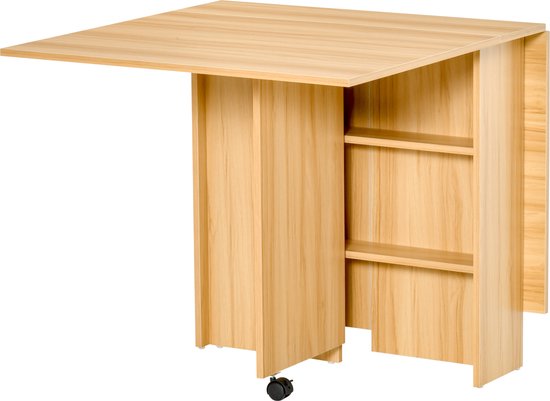 Table Pliante De Cuisine HOMCOM - 2 étagères, Roulettes - Dimensions Extensibles Jusqu'à 140 Cm - En Panneaux De Particules Couleur Bois