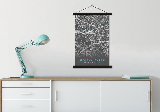 Posterhanger incl. Poster 60x90 cm - Schoolplaat - Noisy-le-Sec - Frankrijk - Stadskaart - Kaart - Plattegrond - Textielposter - Zwarte latten - Stadskaart