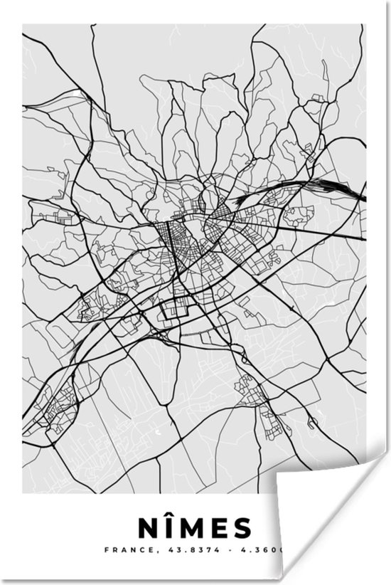 Poster Kaart - Stadskaart - Nîmes - Plattegrond - Frankrijk - 60x90 cm