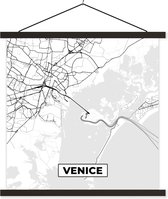 Posterhanger incl. Poster 120x120 cm - Schoolplaat - Venetië - Stadskaart - Plattegrond - Zwart Wit - Kaart - Textielposter - Zwarte latten - Plattegrond