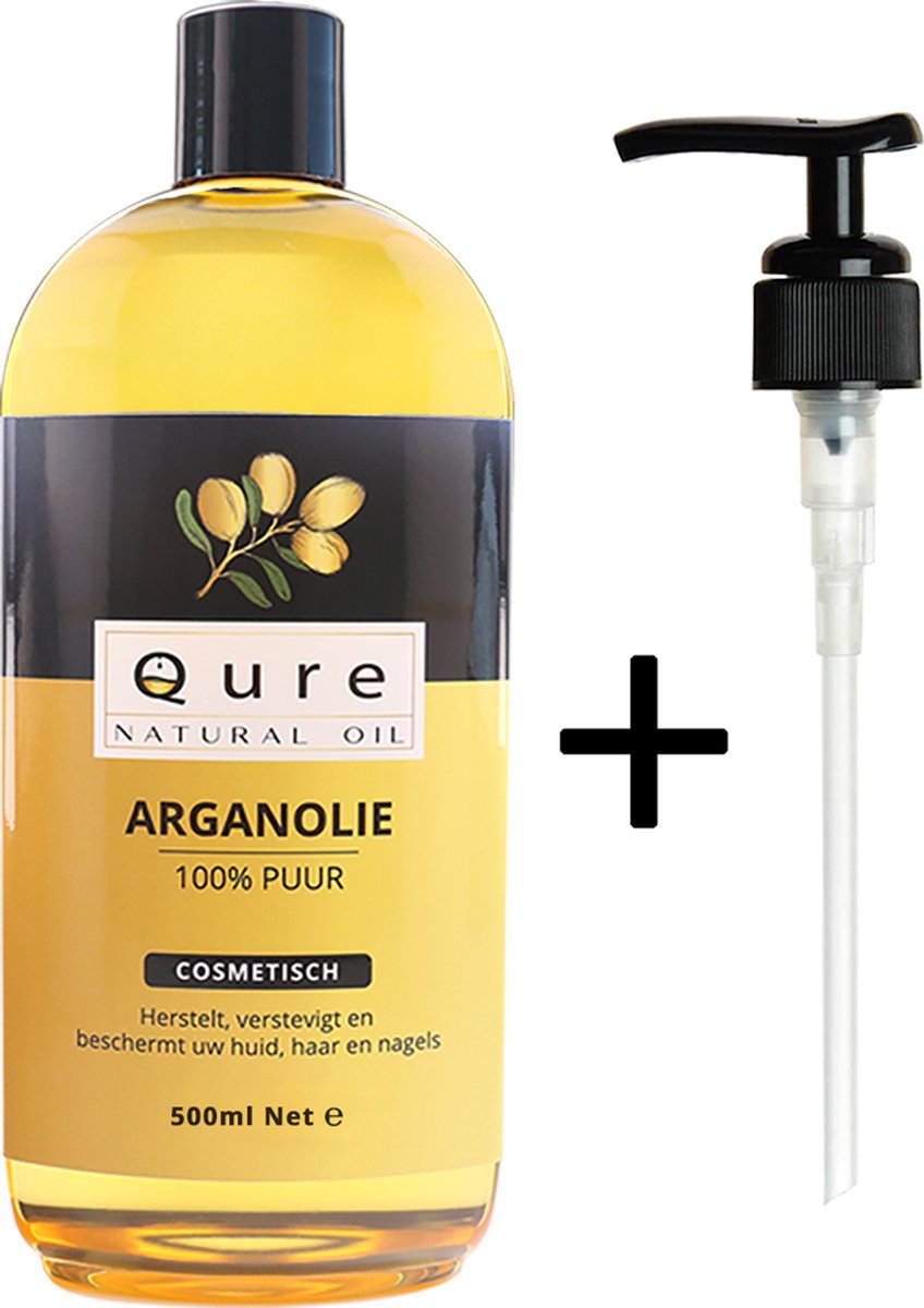 Arganolie 500ml + Pompje | Biologisch | Voordeelverpakking | Voor haar, huid en gezicht |100% Puur & Onbewerkt | Moroccan Argan Oil | Huidolie | Haarolie