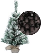 Besneeuwde mini kerstboom/kunst kerstboom 35 cm met kerstballen zwart - Kerstversiering