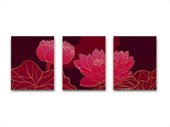 Set de peinture 3 lotus et feuilles or rouge - Botanique / Plantes / Feuilles / 40x30cm