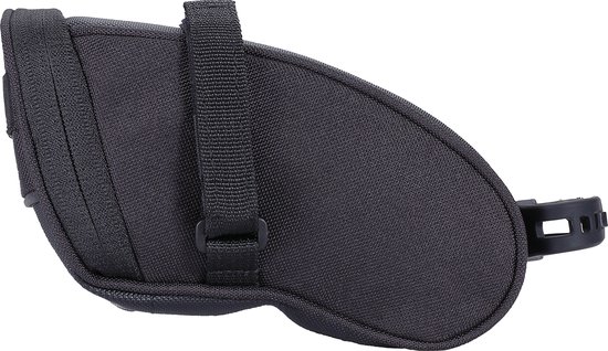 Zwarte fietszadeltas met reflecterende bies en klittenbandsluiting.