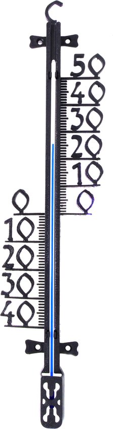 Zwarte thermometer met blauwe vloeistof, schaal van -40 tot 50 graden Celsius, op witte achtergrond.