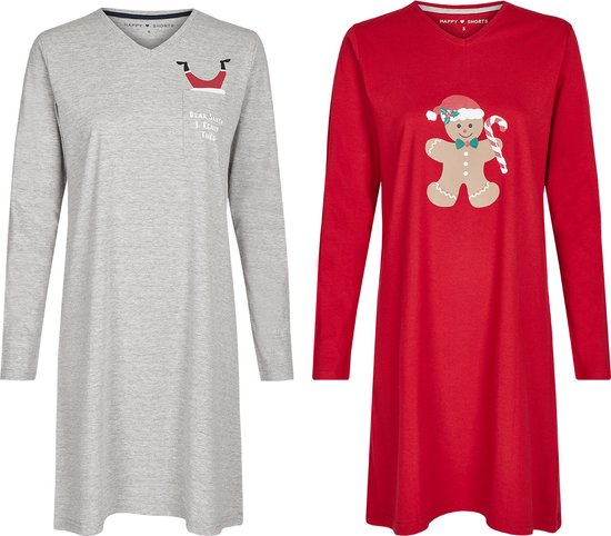 Happy Shorts Dames Kerst Pyjama Nachthemd Rood / Grijs - Maat S | big shirt | slaaphemd