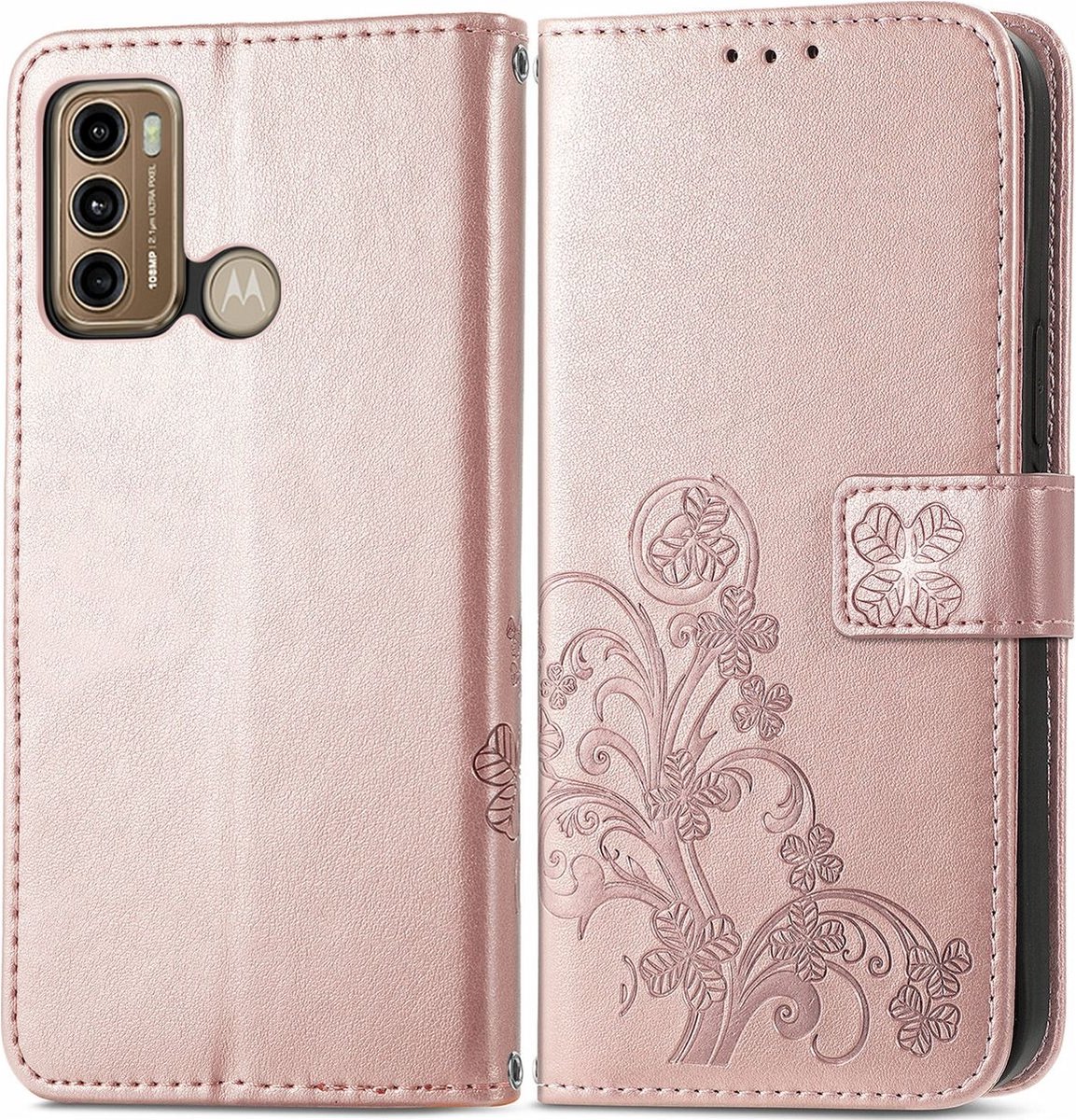 Mobigear Telefoonhoesje geschikt voor POCO X3 GT Hoesje | Mobigear Clover Bookcase Portemonnee | Pasjeshouder voor 3 Pasjes | Telefoonhoesje voor Pinpas / OV Kaart / Rijbewijs - Roségoud