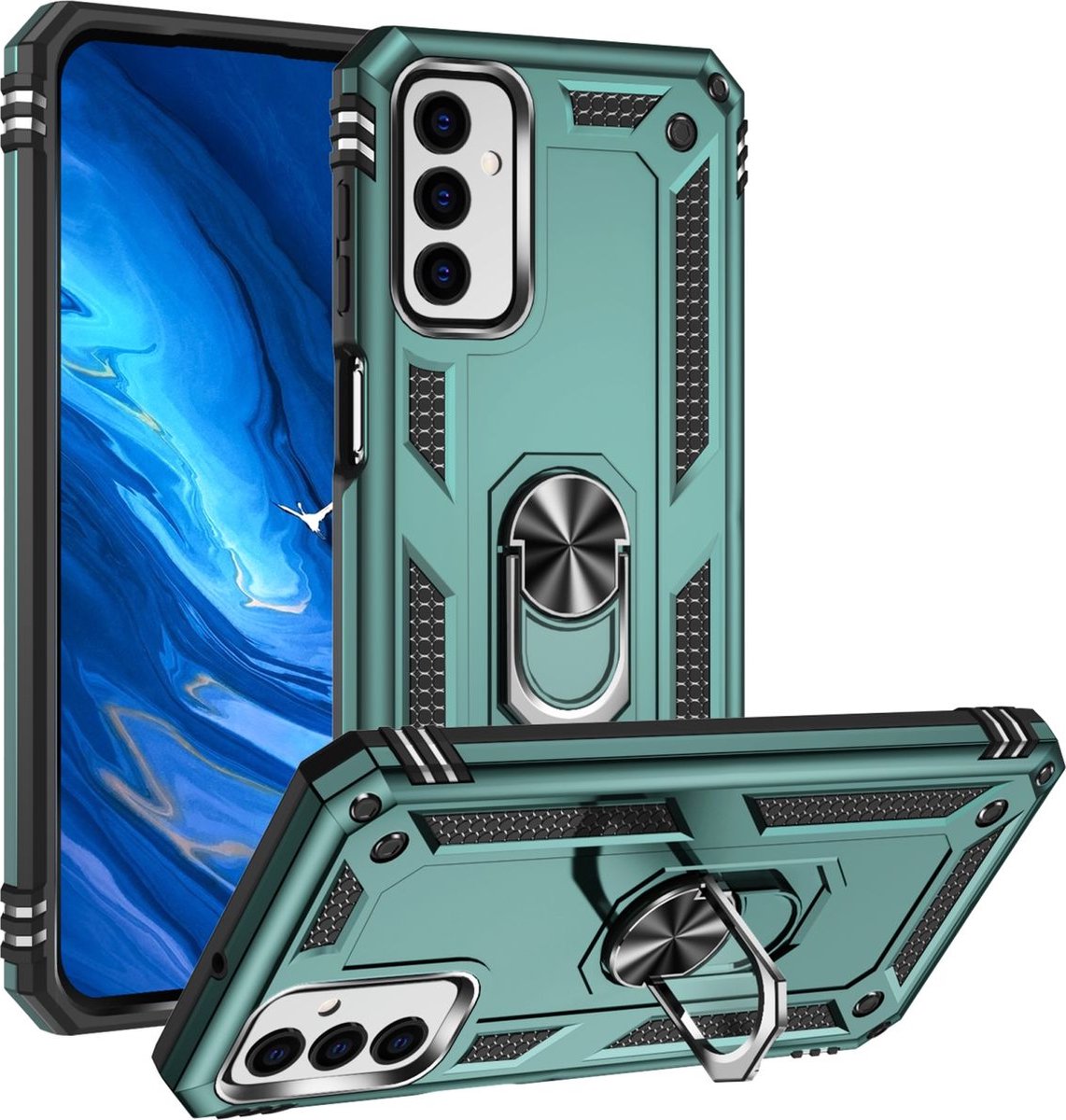 Mobigear Hoesje geschikt voor Samsung Galaxy M23 Telefoonhoesje Hardcase | Mobigear Armor Ring Backcover Shockproof met Ringhouder | Schokbestendig Galaxy M23 Telefoonhoesje | Anti Shock Proof - Groen