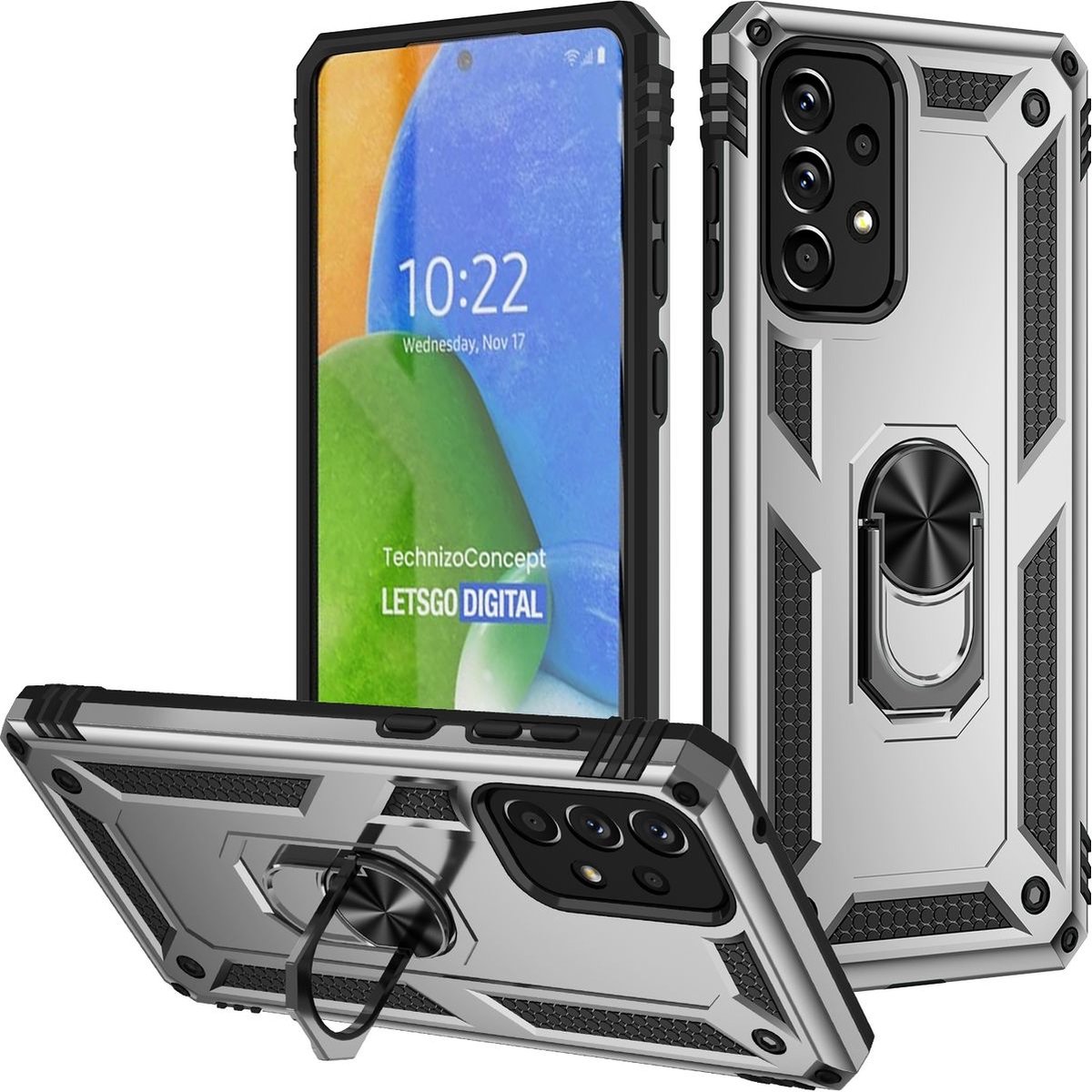 Mobigear Hoesje geschikt voor Samsung Galaxy A73 Telefoonhoesje Hardcase | Mobigear Armor Ring Backcover Shockproof met Ringhouder | Schokbestendig Galaxy A73 Telefoonhoesje | Anti Shock Proof - Zilver