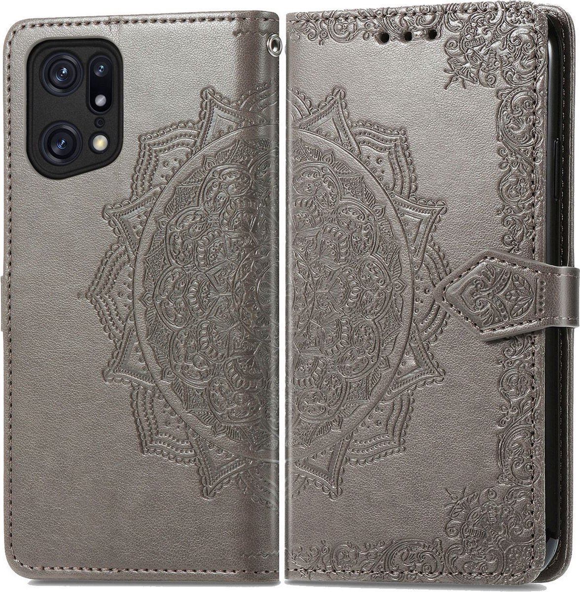 Mobigear Telefoonhoesje geschikt voor OPPO Find X5 Hoesje | Mobigear Mandala Bookcase Portemonnee | Pasjeshouder voor 3 Pasjes | Telefoonhoesje voor Pinpas / OV Kaart / Rijbewijs - Grijs