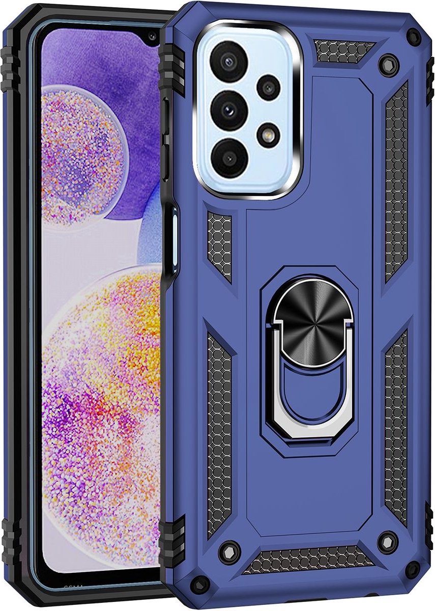 Mobigear Hoesje geschikt voor Samsung Galaxy A23 Telefoonhoesje Hardcase | Mobigear Armor Ring Backcover Shockproof met Ringhouder | Schokbestendig Galaxy A23 Telefoonhoesje | Anti Shock Proof - Blauw