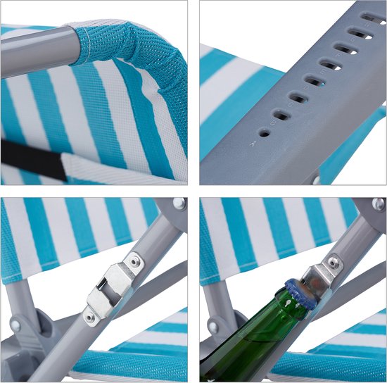 Relaxdays strandstoel opvouwbaar - verstelbaar - laag - 8 standen - armleuningen - strand ligstoel - blauw-wit van Relaxdays — afbeelding 4