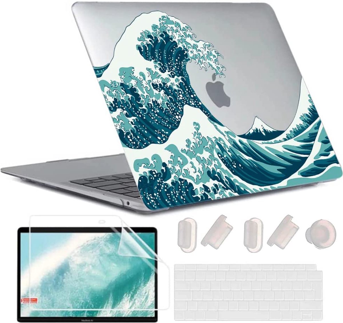 Hoes compatibel met MacBook Air 13 inch 2020 2019 2018, A2337 M1 A2179 A1932 Touch ID, flexibele kunststof harde schaal snaphoes en toetsenbordbescherming en displaybescherming, golven