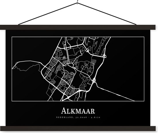 Posterhanger incl. Poster 150x100 cm - Schoolplaat - Alkmaar - Plattegrond - Kaart - Stadskaart - Textielposter - Zwarte latten - Plattegrond