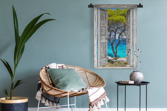 Wandkleed - Wanddoek - Boom - Tropisch - Zee - Doorkijk - Strand - 60x90 cm - Wandtapijt
