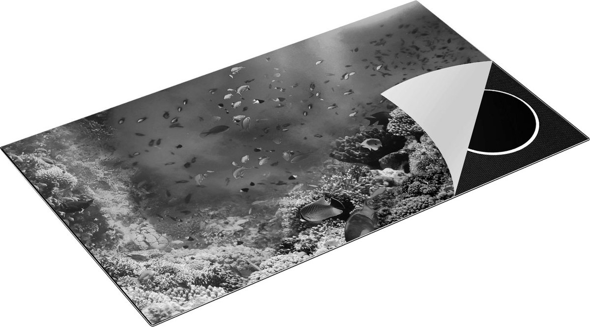 Chefcare Inductie Beschermer Onderwater Vissen met Koraal in de Zee - Zwart Wit - 90x55 cm - Afdekplaat Inductie - Kookplaat Beschermer - Inductie Mat