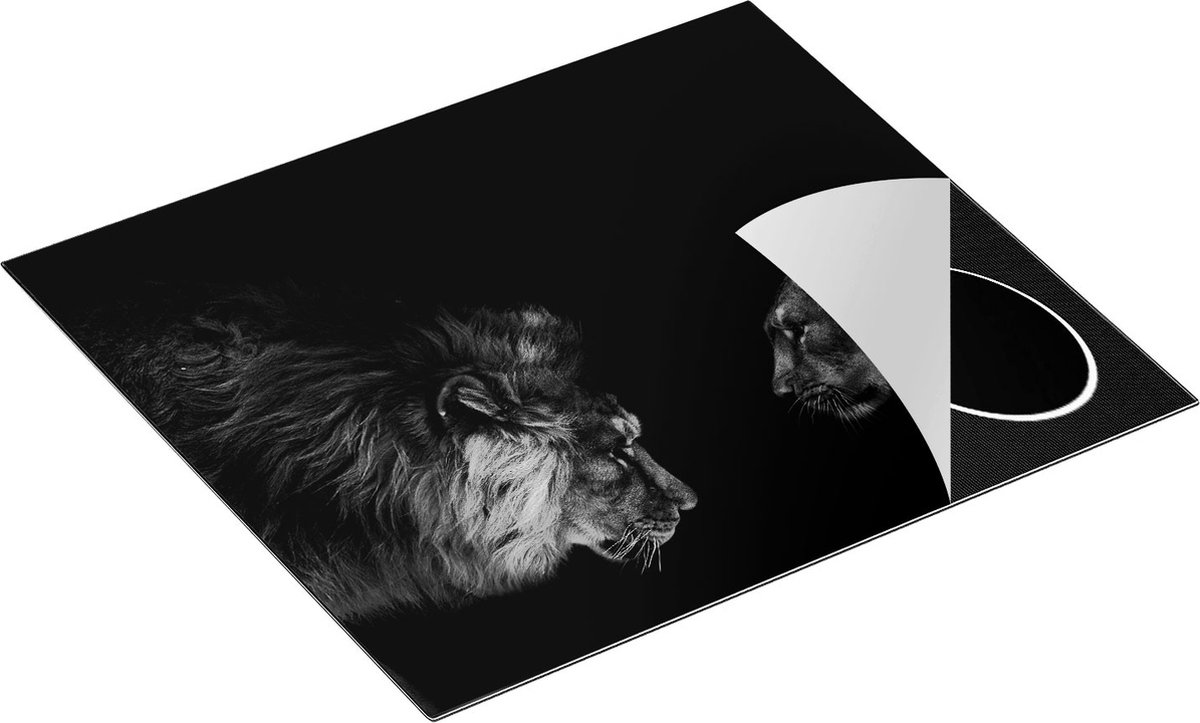 Chefcare Inductie Beschermer Leeuw en Leeuwin - Zwart Wit - 60x52 cm - Afdekplaat Inductie - Kookplaat Beschermer - Inductie Mat