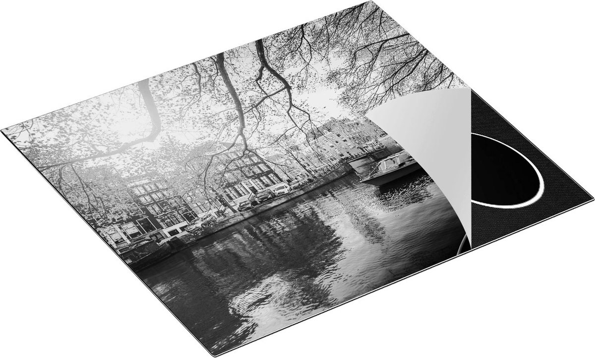 Chefcare Inductie Beschermer Amsterdamse Gracht tijdens het Voorjaar - Zwart Wit - 59x52 cm - Afdekplaat Inductie - Kookplaat Beschermer - Inductie Mat