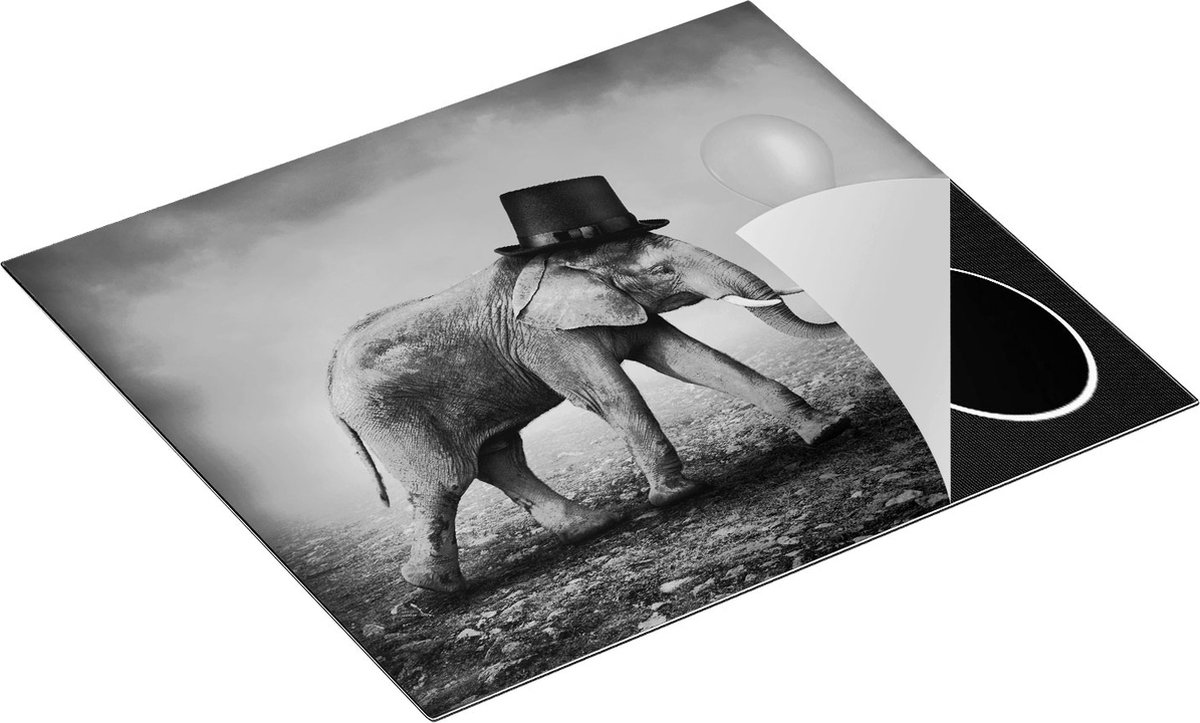 Chefcare Inductie Beschermer Olifant met een Oranje Ballon - Hoedje - Zwart Wit - 59x51 cm - Afdekplaat Inductie - Kookplaat Beschermer - Inductie Mat
