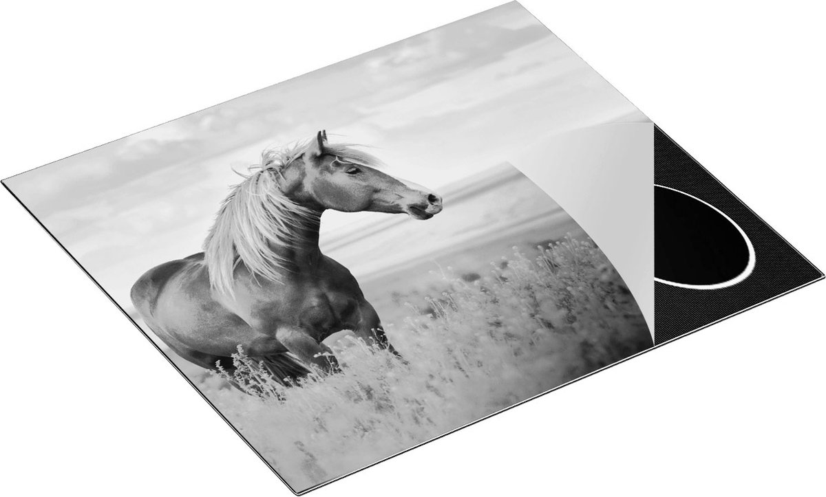 Chefcare Inductie Beschermer Bruin Paard in de Wei - Zwart Wit - 60x50 cm - Afdekplaat Inductie - Kookplaat Beschermer - Inductie Mat