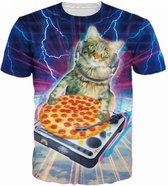 Pizza DJ Kat t-shirt Maat XL Crew neck - Festival shirt - Superfout - Fout T-shirt - Feestkleding - Festival outfit - Foute kleding - Kattenshirt - Kleding fout feest - Foute party kleding
