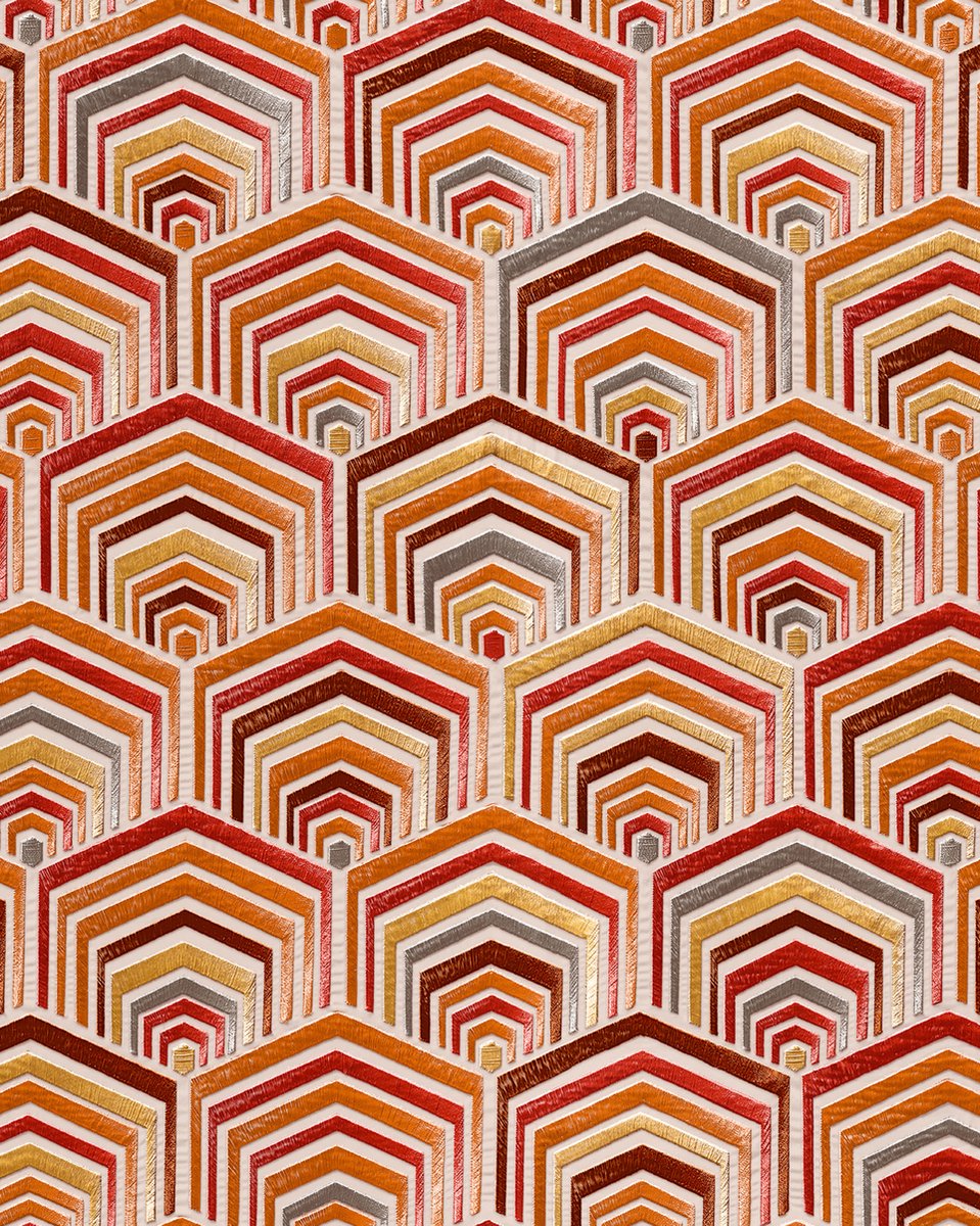 Etnisch behang Profhome DE120045-DI vliesbehang hardvinyl warmdruk in reliëf gestempeld met geometrische vormen glimmend beige koper bronzen parelmoer-donkerrood 5,33 m2