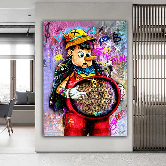 Luxe Canvas Schilderij Pinoccio Bitcoin | 100x150 | Woonkamer | Slaapkamer | Kantoor | Muziek | Design | Art | Modern | ** 2CM DIK! **