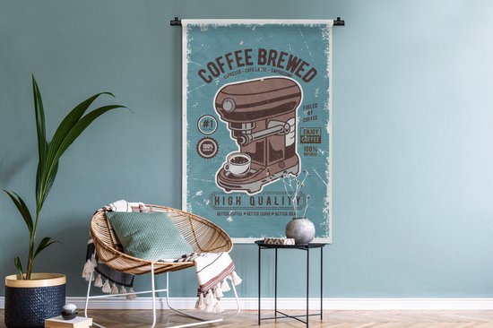 Tenture murale - Tissu mural - Cafetière - Café - Rétro - Dessin - 90x135 cm - Tapisserie