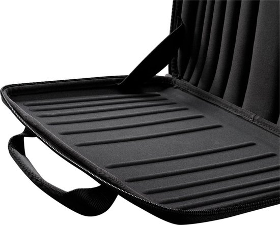 Open zwarte laptoptas met geribbelde binnenkant en handvat.