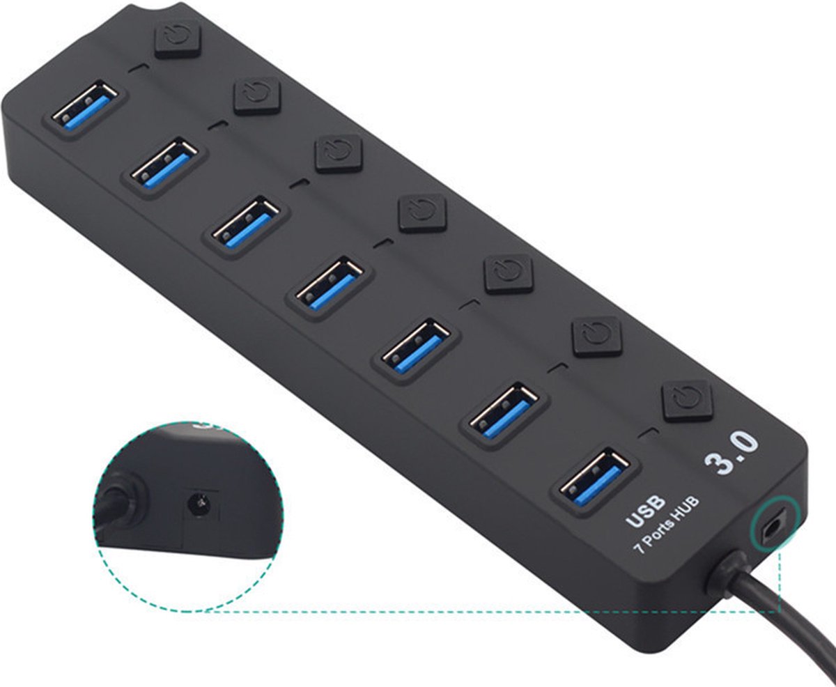 USB Hub Splitter – Swifth 7-poorts USB-splitter – Aan/Uit Knop – USB 3.0 Hub – LED-indicator