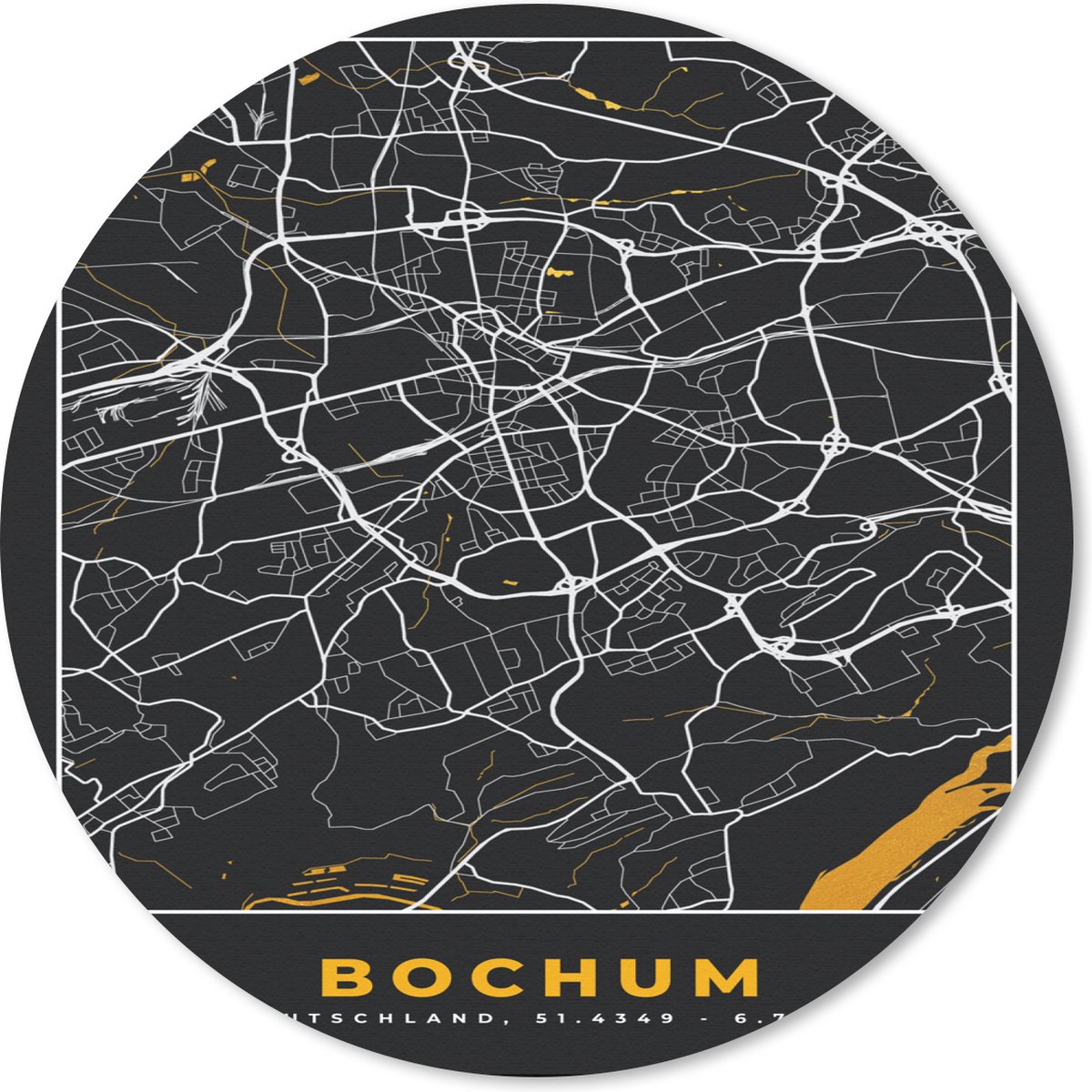 Muismat rond 50x50 cm - Mousepad Bochum - Stadskaart - Plattegrond - Kaart - Goud - Duitsland - Ronde muismatten - Stadskaart