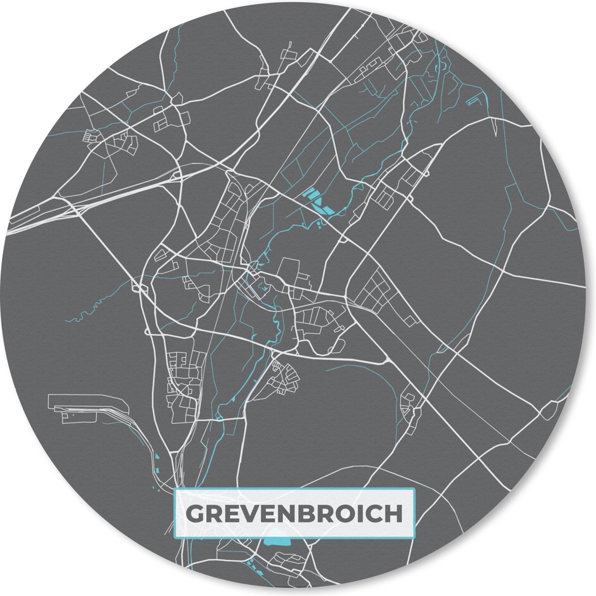 Muismat rond 40x40 cm - Mousepad Stadskaart – Plattegrond – Duitsland – Blauw – Grevenbroich– Kaart - Ronde muismatten - Stadskaart