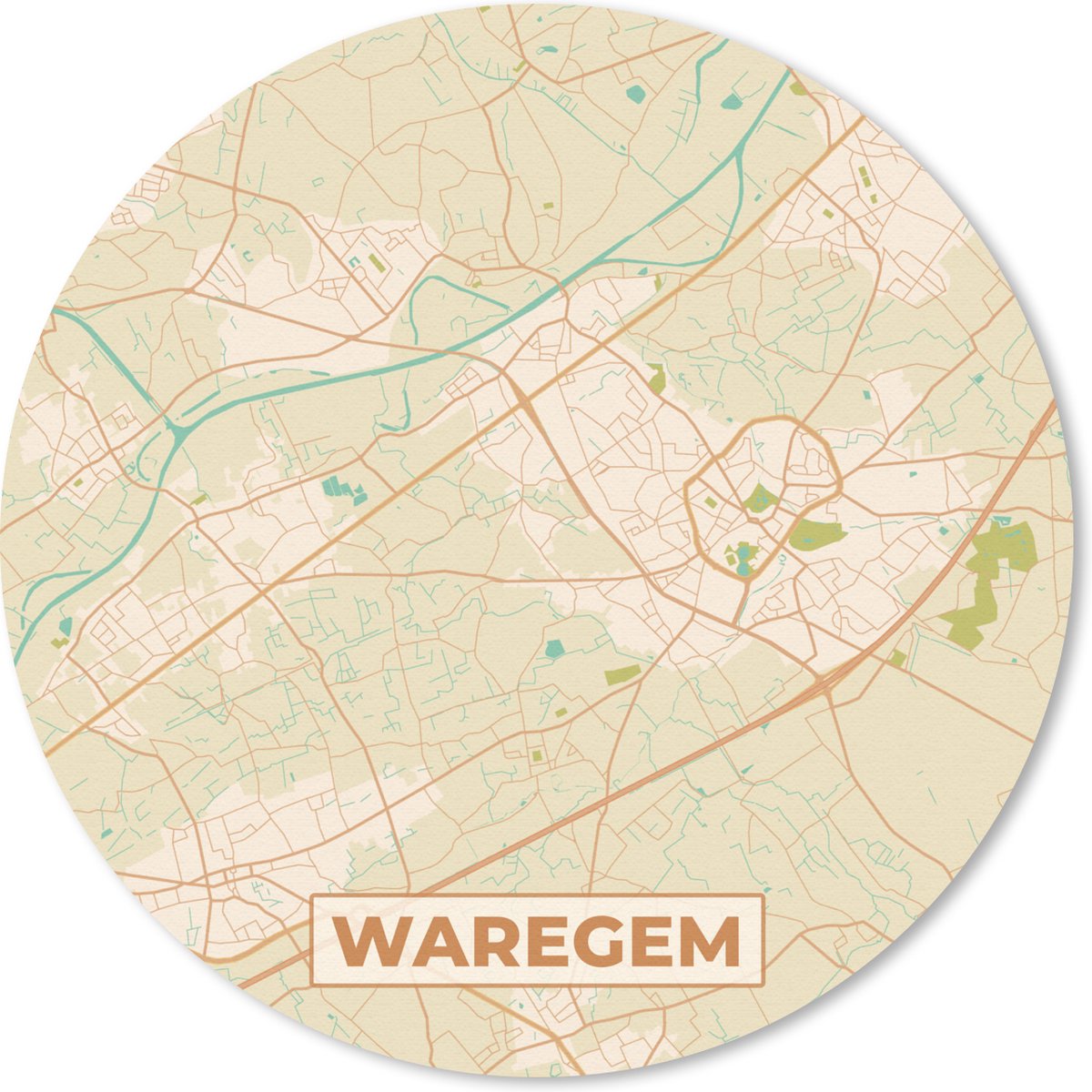 Muismat rond 40x40 cm - Mousepad Plattegrond - Vintage - Kaart - Stadskaart - Waregem - Ronde muismatten - Stadskaart