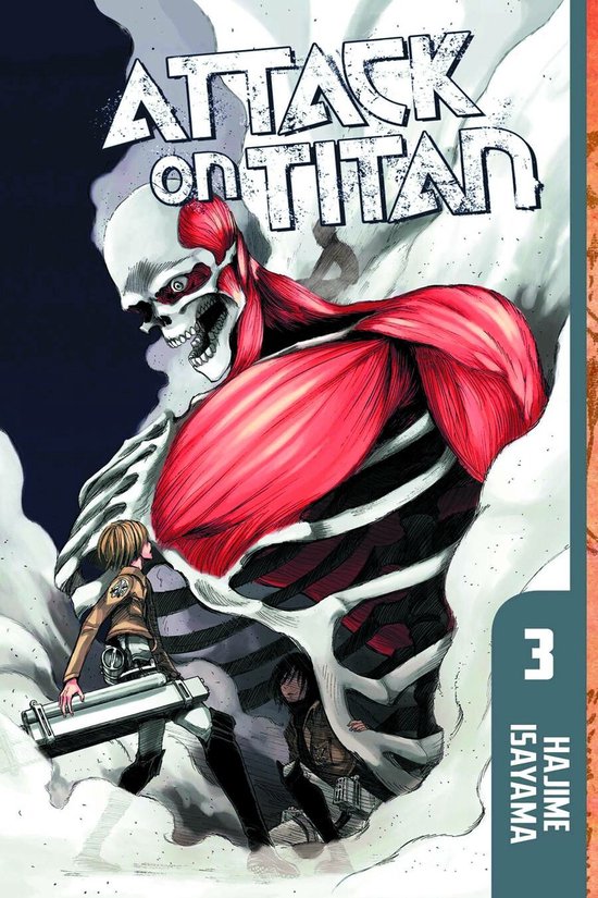 De cover van Attack on Titan 3 toont een reusachtige, skeletachtige titan met rode spieren. Eren en Mikasa staan klein aan zijn voet.