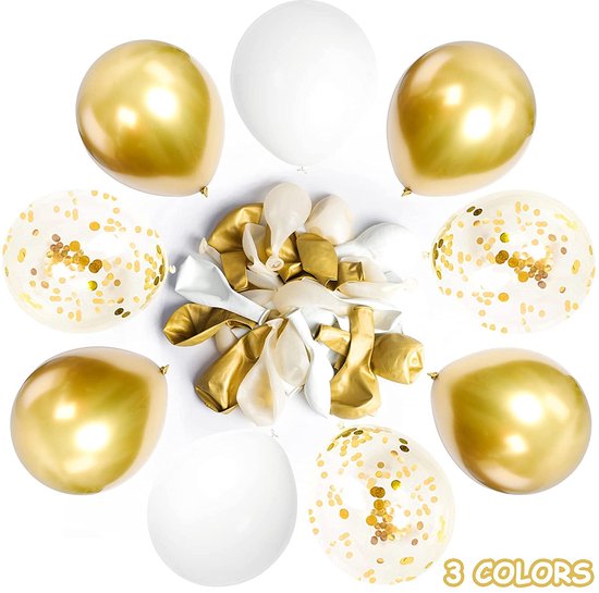 40 stuks Luxe Chrome Metallic Helium Latex Ballonnen MagieQ (Goud  Wit Papieren Confetti) Feest|Party|Kinderfeesje|Decoratie|versiering|Kerst|