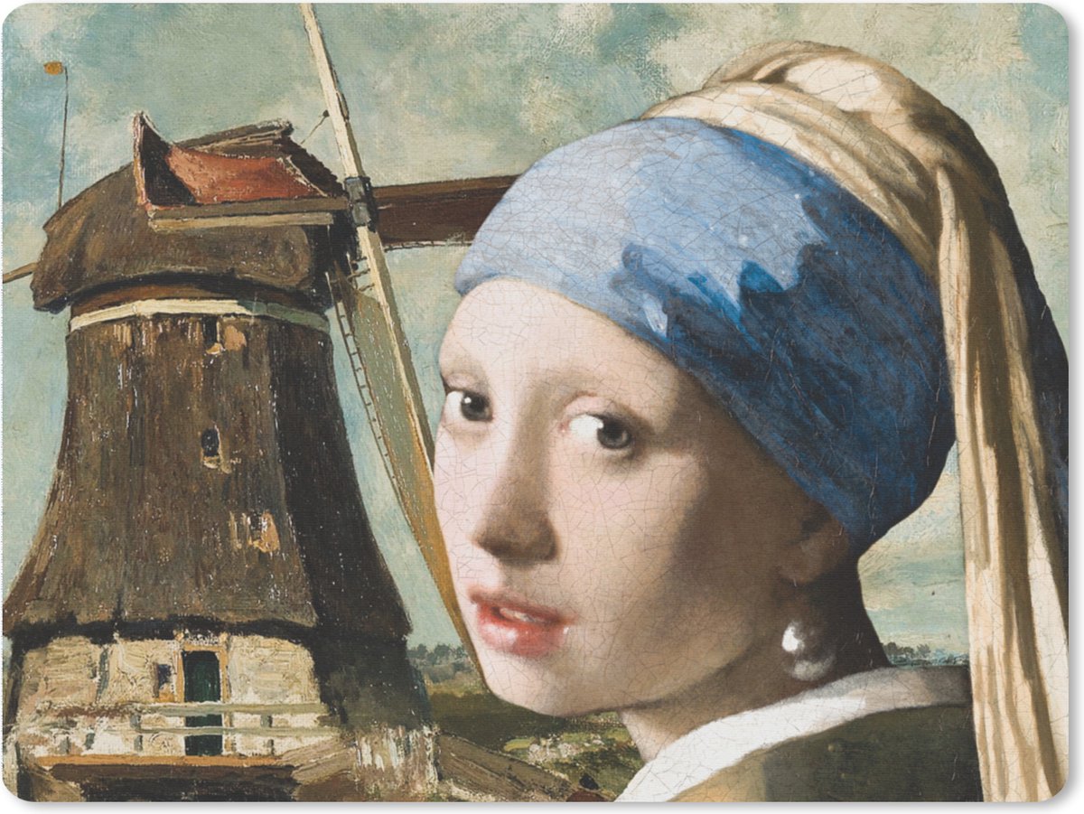 Muismat XXL 80x60 cm - Bureau onderlegger - Bureau mat Meisje met de parel - Molen - Vermeer - Bureaumat - Gaming mousepad xl - Bureaulegger groot - Computer deskmat