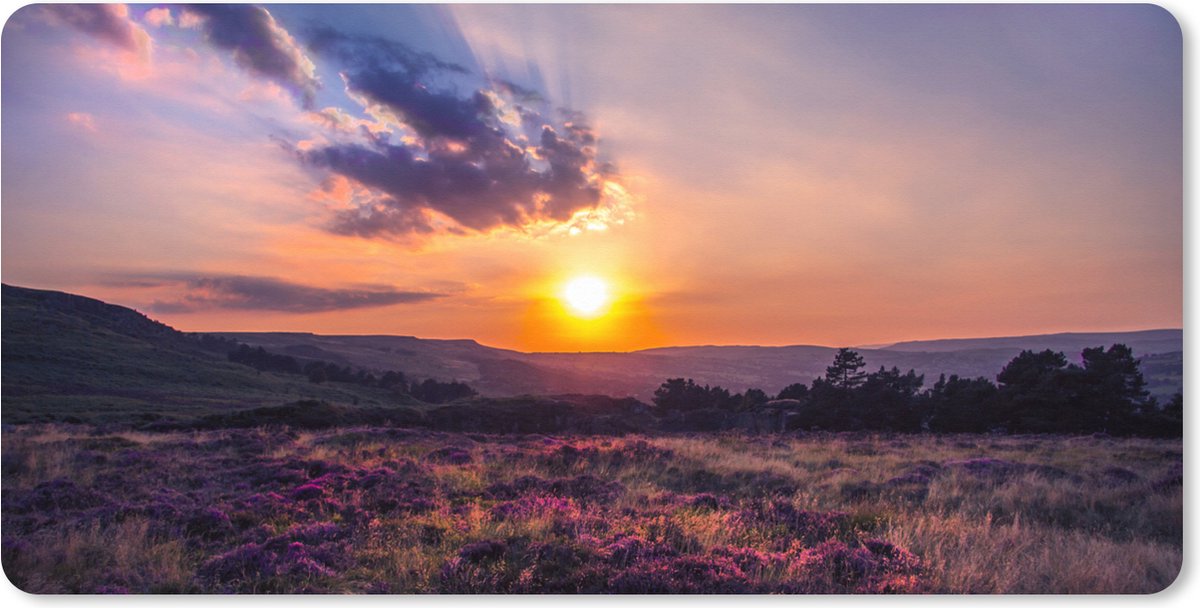 Muismat XXL 90x45 cm - Bureau onderlegger - Bureau mat Zonsondergang op de heide - Bureaumat - Gaming mousepad xl - Bureaulegger groot - Computer deskmat