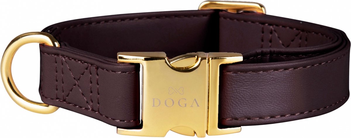 DOGA Hondenhalsband - Halsband - Bruin - Goud - Vegan leer - maat S - bijpassende riem en dispenser mogelijk