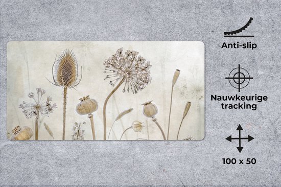 Tapis de souris XXL - Sous-main - Tapis de bureau - Fleurs - Aquarelle - Nature morte - Marron - Vintage - 100x50 cm - Tapis de souris XXL