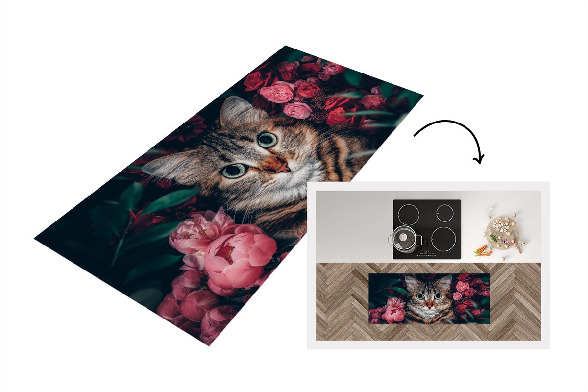 KitchenYeah Keukenloper - Loper keuken - Kat - Bloemen - Bladeren - Botanisch - 120x50 cm - Keukenloper vinyl Multicolor