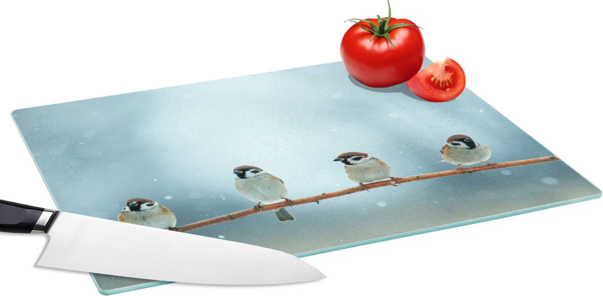 Glazen Snijplank - 39x28 - Vogels - Mus - Sneeuw - Winter - Snijplanken Glas