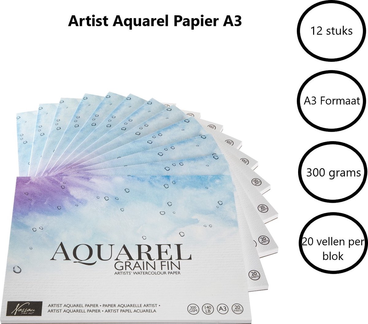 Nassau Fine Art Multipack | 12x Aquarelblok A3 | 300gr | 20vel | A3 Formaat 42x29,7cm| Aquarelpapier verf