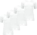 Vier witte basic t-shirts met V-hals van Apollo Bamboo, opgesteld in een rij.