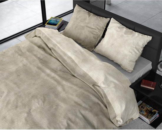 Close-up van het Sleeptime dekbedovertrek in taupe met een subtiele textuur op het bed.